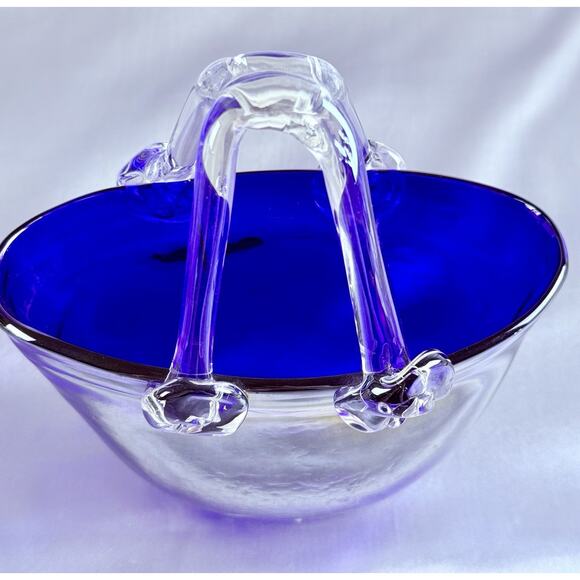 Vintage Art Glass Vase Purse Cobalt Blue Bag Murano Style Hand Blown Iridescent - Picture 3 of 9
